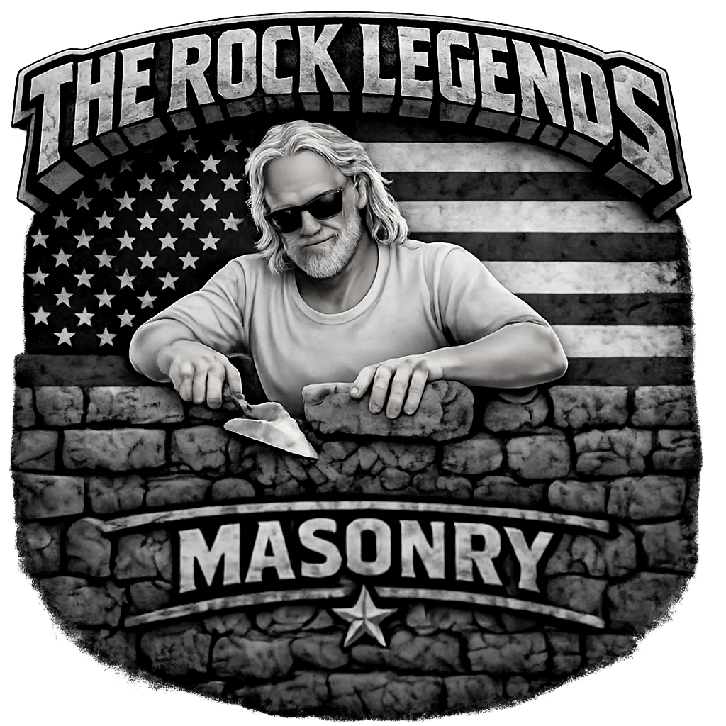 A man with long hair, sunglasses, and a beard is building a stone wall. The background features a sign with the words "The Rock Legends" above an American flag, and "Masonry" below the wall.