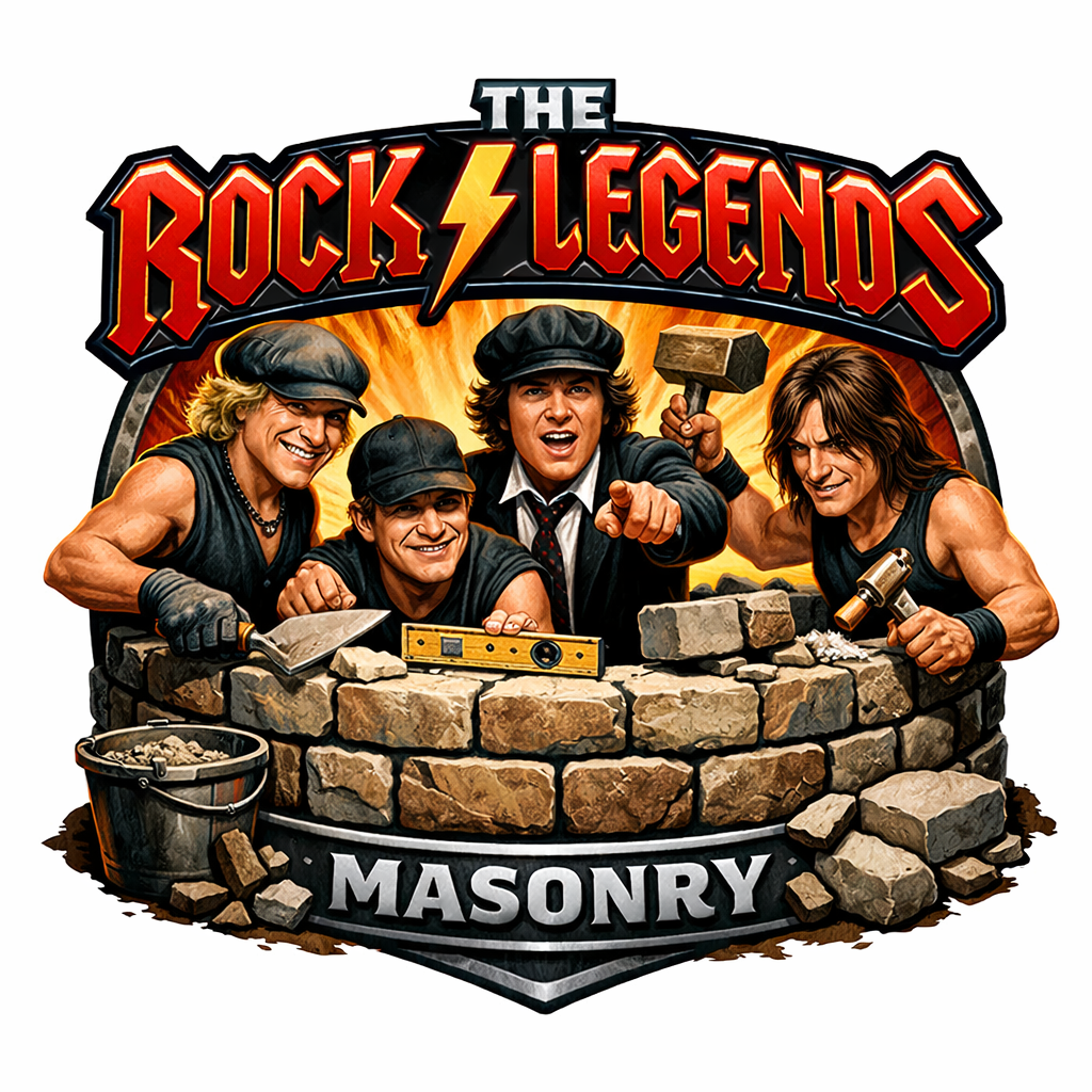 Poster for a documentary or TV show titled "The Rock Legends Masonry." It features four men dressed as construction workers with tools, building a stone wall, with a fiery background.