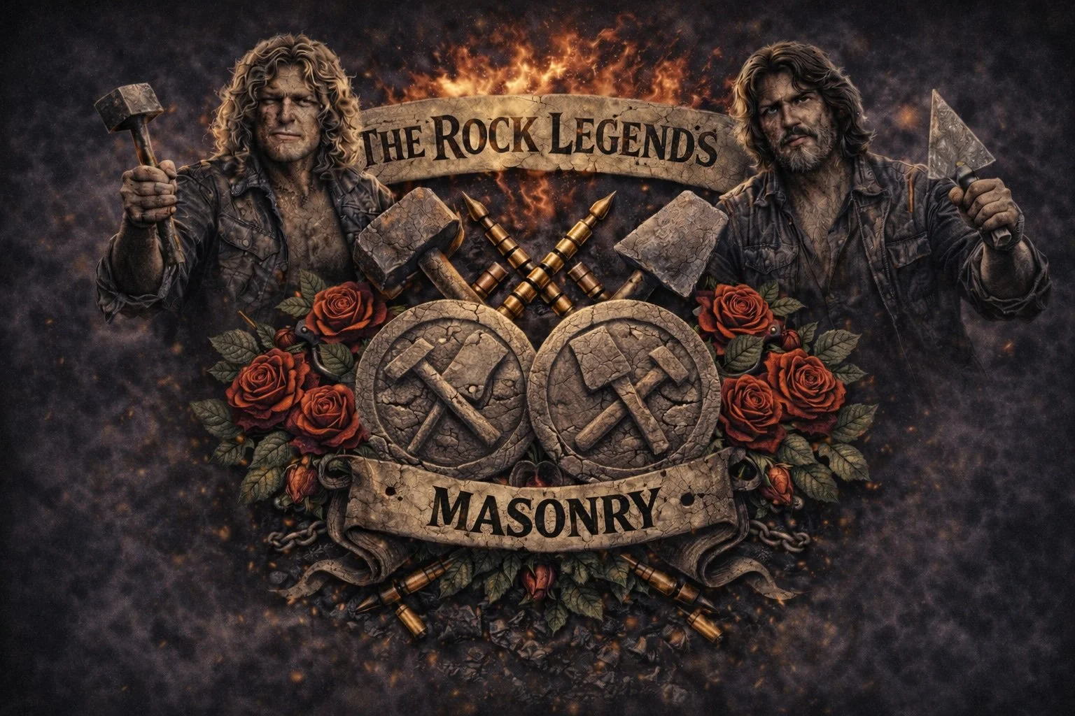 Two rugged men holding tools, surrounded by roses and masonry symbols, with a banner reading 'The Rock Legend's Masonry' and crossed hammers and trowels in the center.