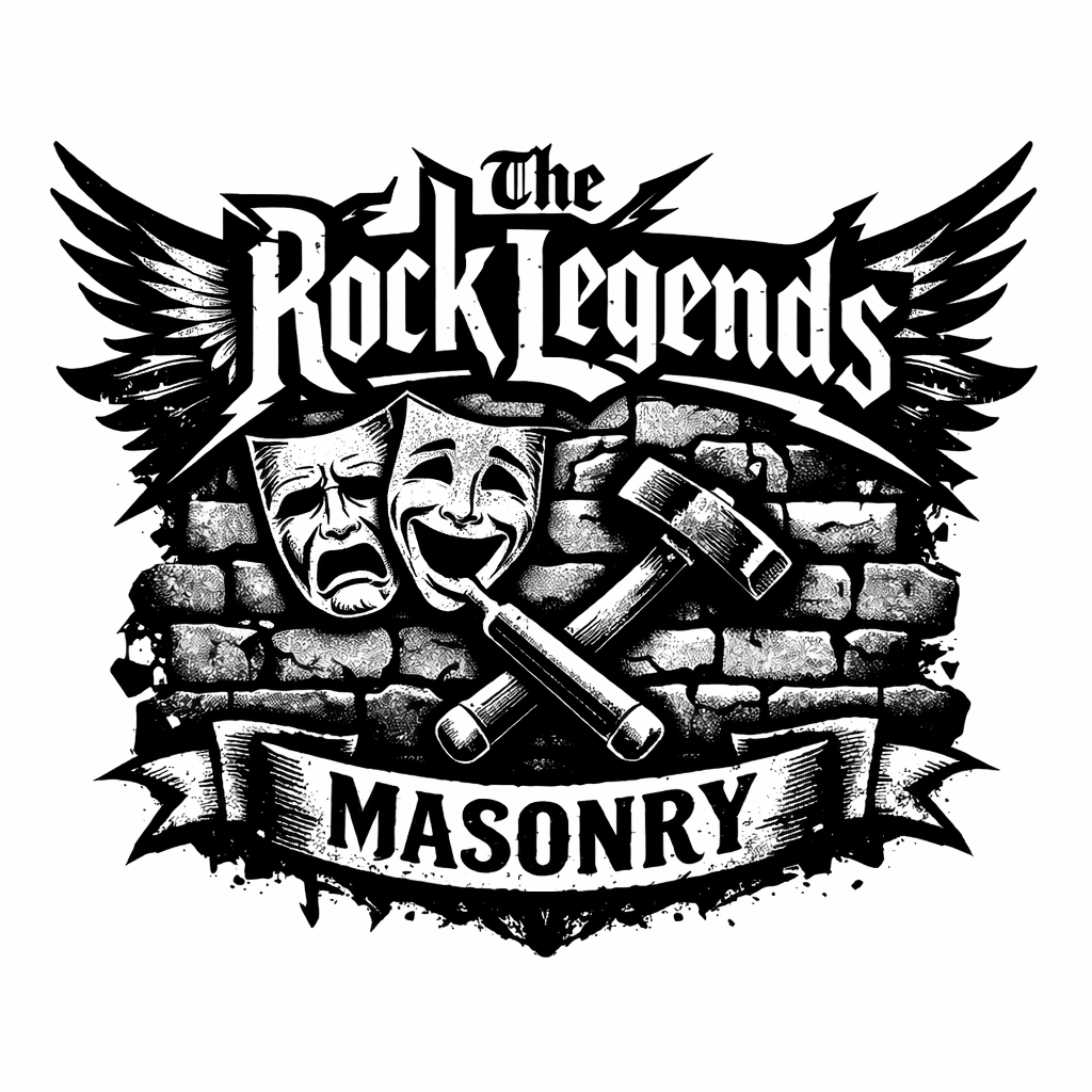 Logo with the text 'The Rock Legends Masonry' featuring theatrical masks, a hammer, and a brick wall background.