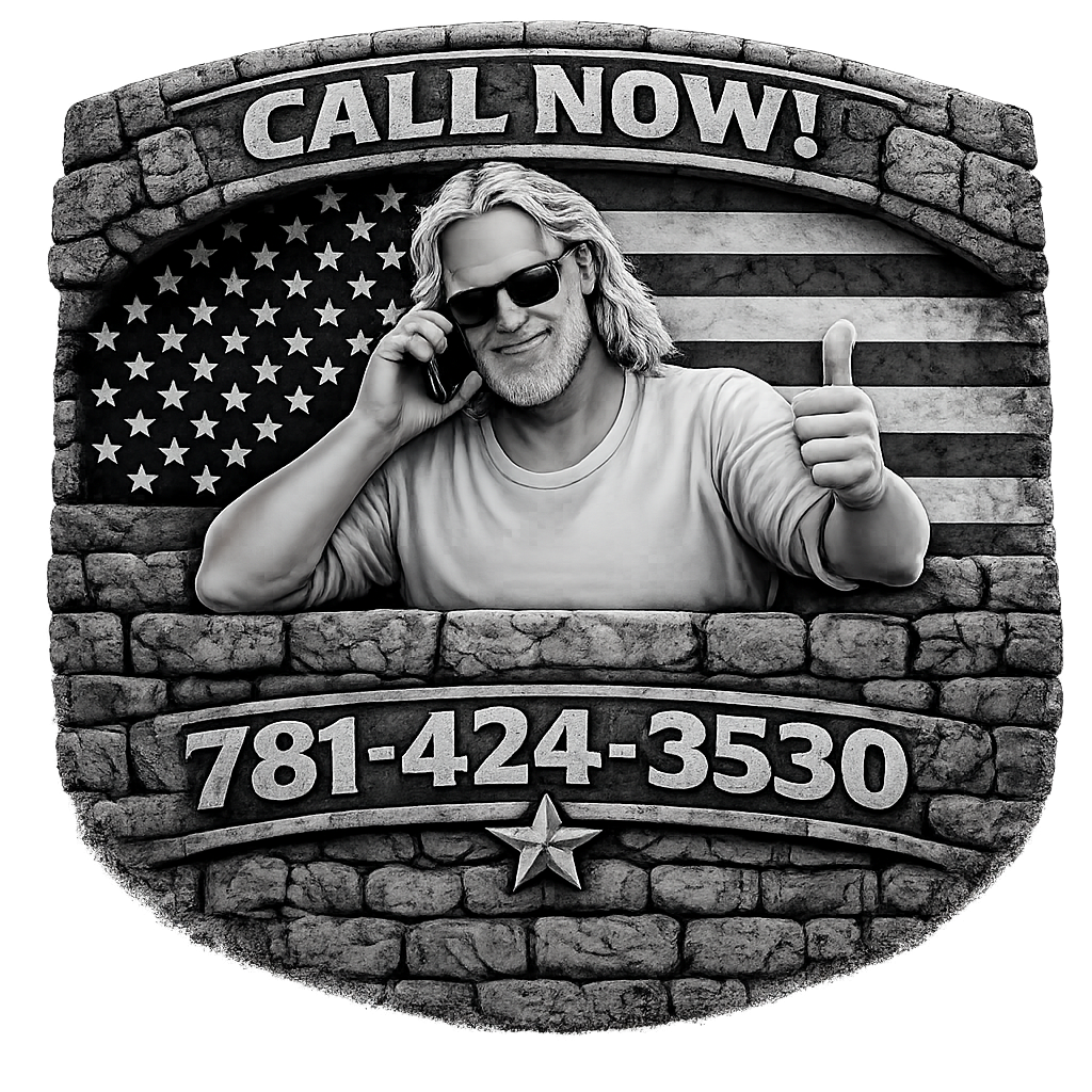 A man with long hair and sunglasses talking on a phone, giving a thumbs up, behind a sign with a phone number and the words "CALL NOW!" in front of an American flag background.