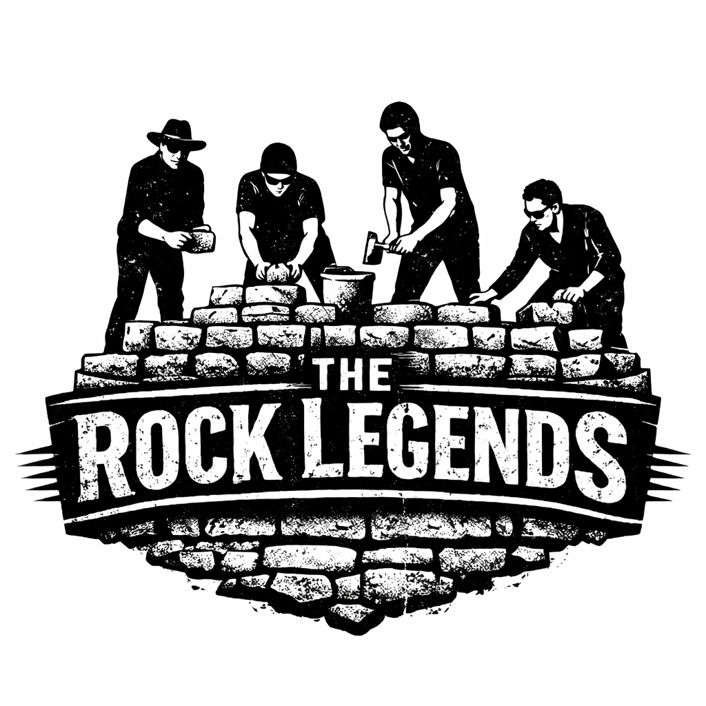 Illustration of four men building a brick wall, with the text 'The Rock Legends' below them.