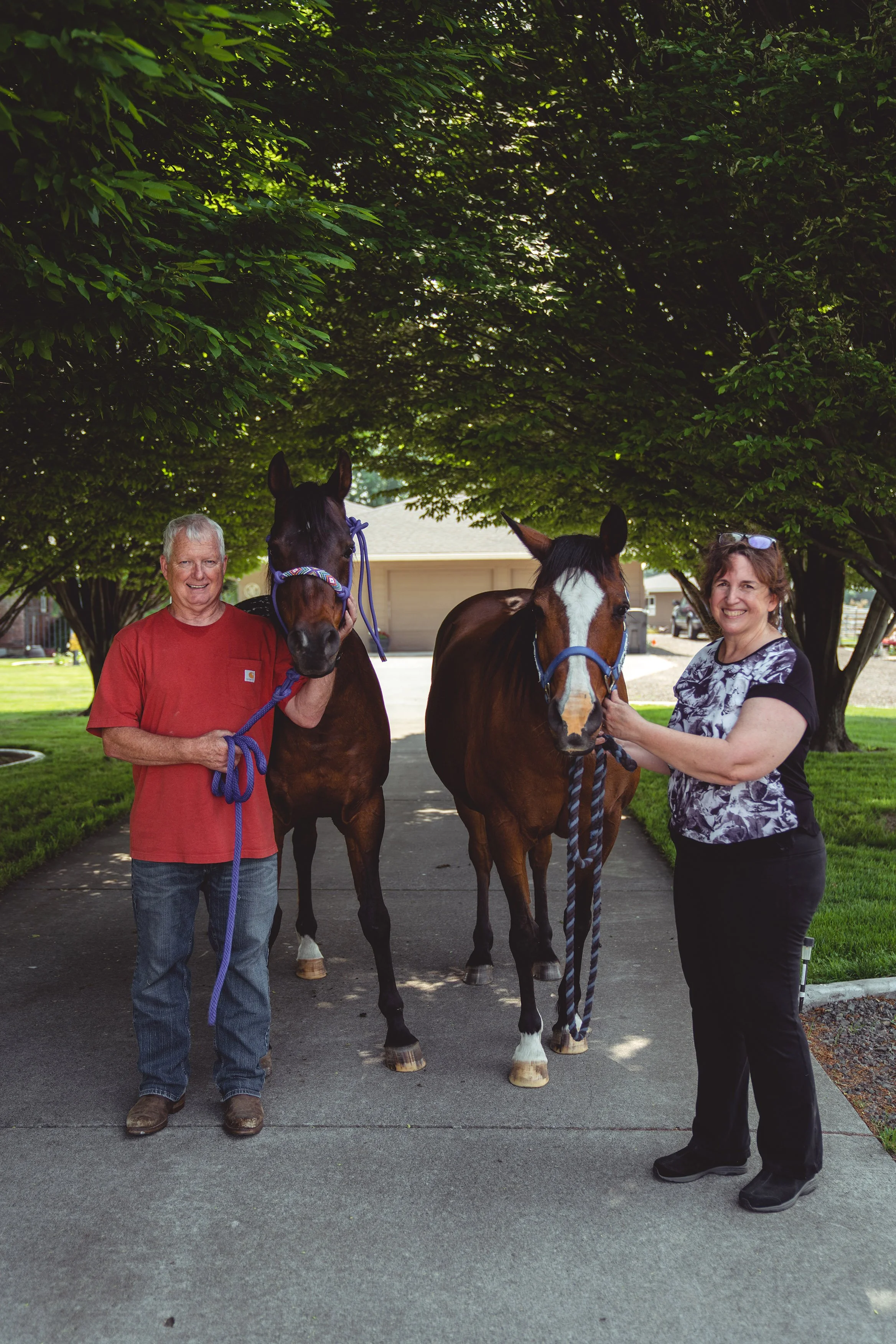 A man and woman stand outside under a large leafy tree, each holding a horse on a leash. The man is on the left, wearing a red t-shirt and jeans, and the woman is on the right, wearing a black and white patterned shirt and black pants. Both are smiling.