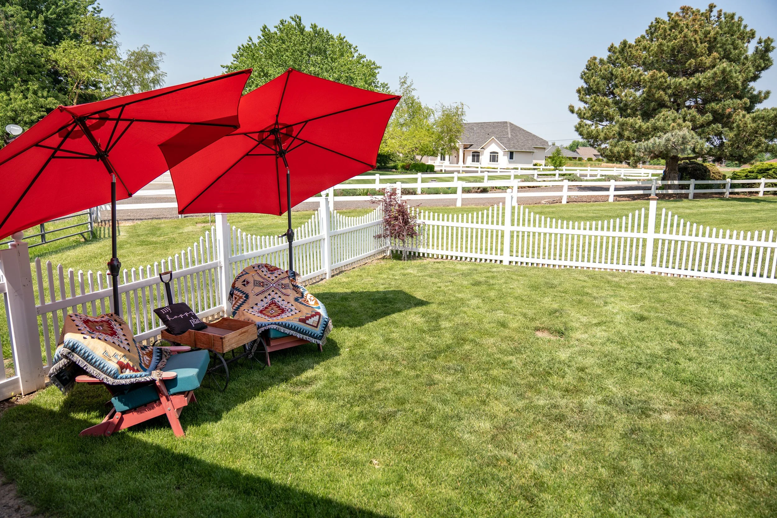 A backyard with a white picket fence, green grass, two red patio umbrellas, and two Adirondack chairs with patterned cushions and throws. There is a small table between the chairs and trees and houses in the background under a clear blue sky.