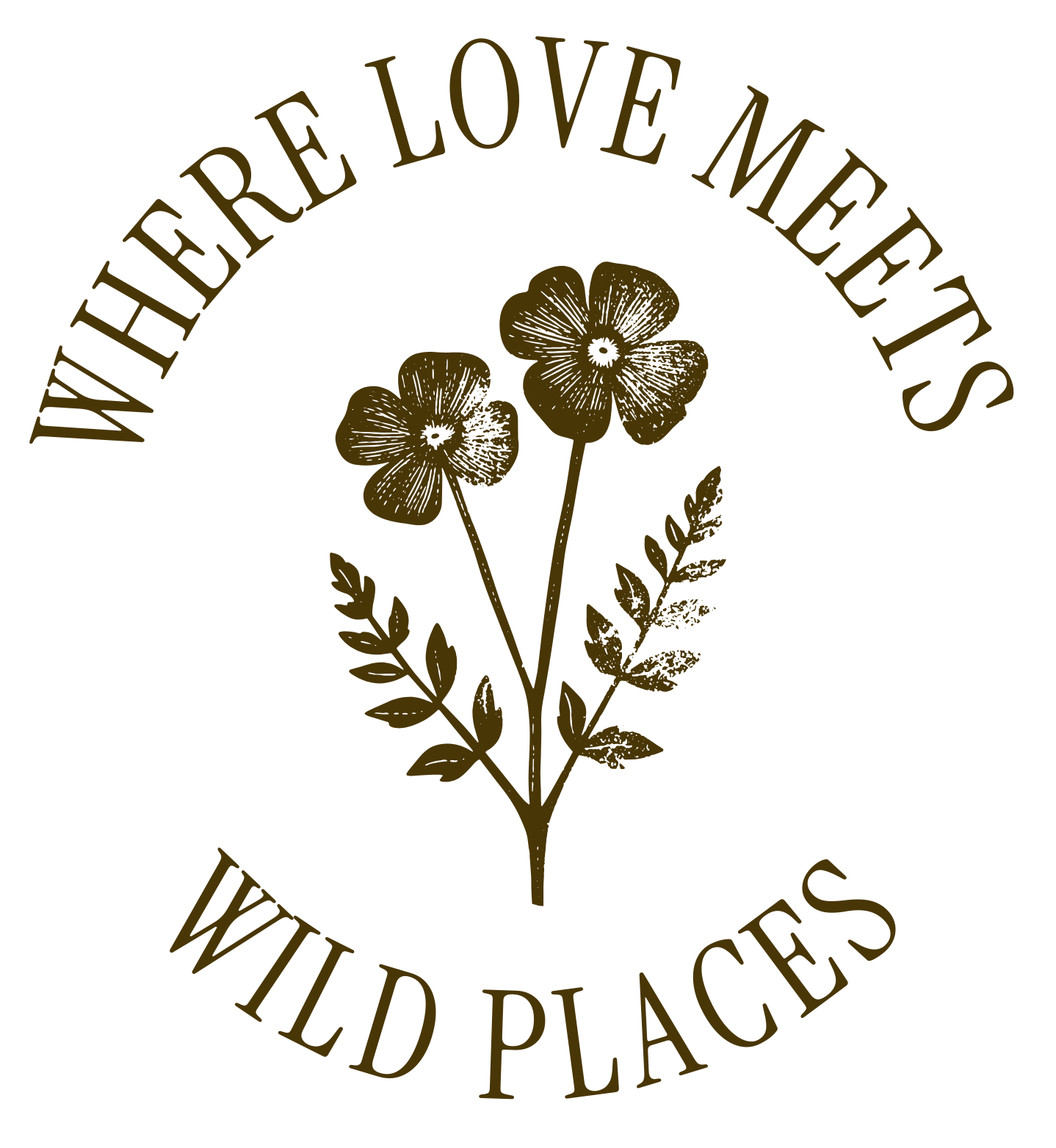 A black background with a vintage-style logo of two yellow flowers and the text "Where Love Meets Wild Places" encircling the flowers.
