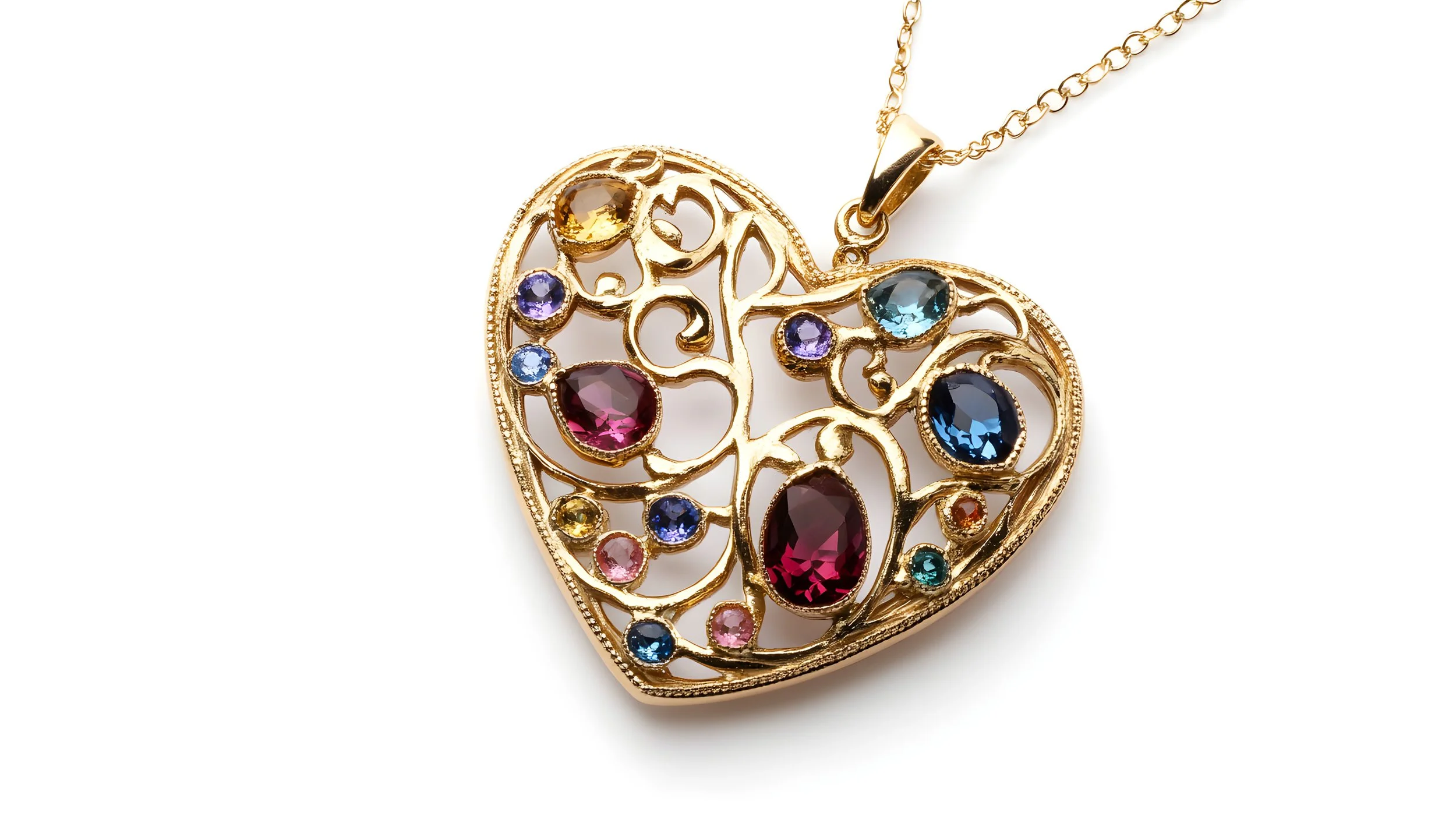heart-shaped gold pendant with various colored gemstones