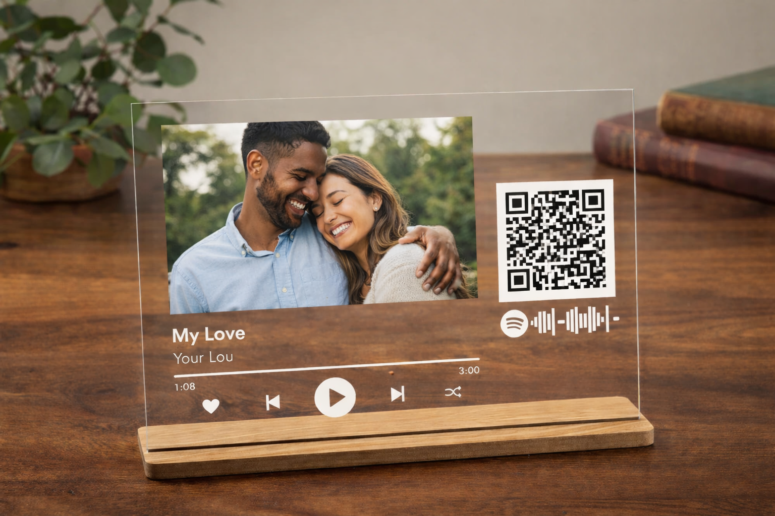 photo of an acrylic panel with a photo of couple and a QR code that can play a song