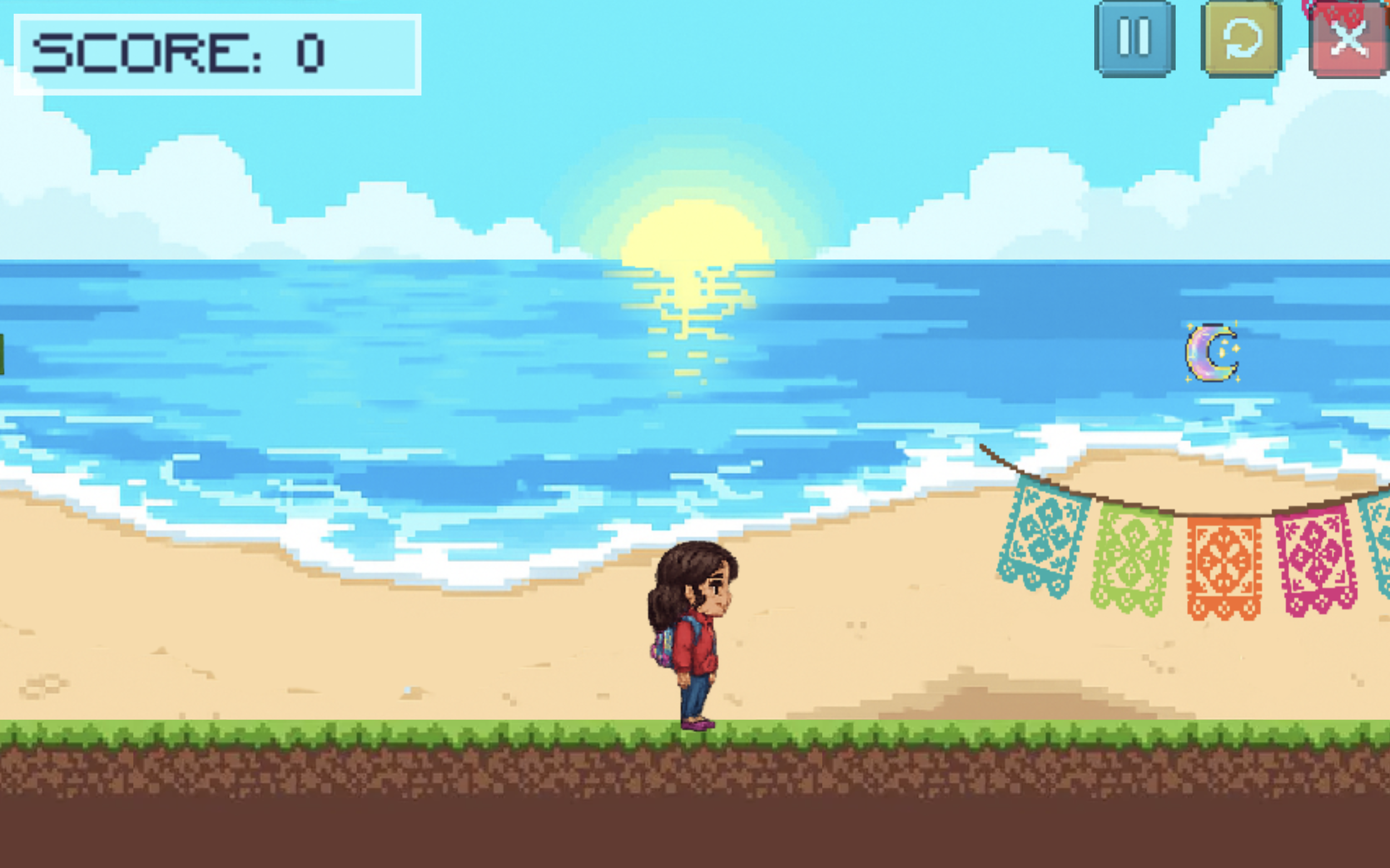 a frame of an 8-bit video game showing a female character on a beach