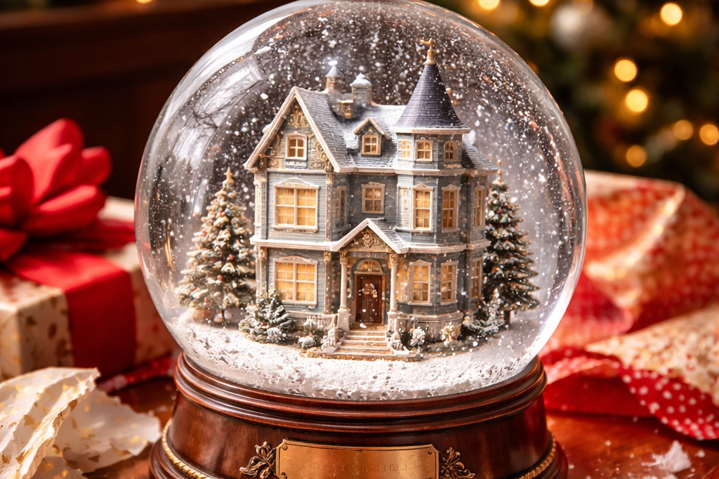photo illustration of a snowglobe with a san francisco style victorian home