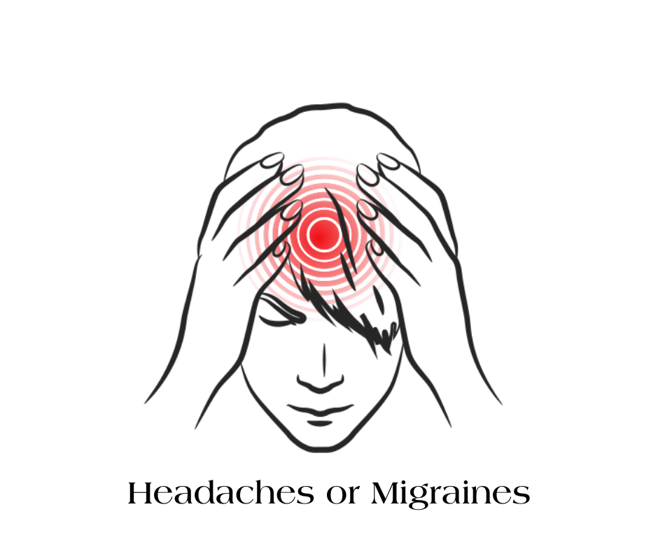 Person holding their head with both hands, red spot indicating pain or headache.