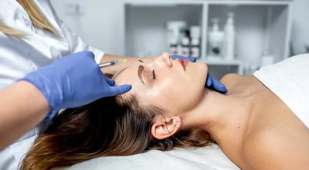 A woman is lying on a treatment bed with her eyes closed, receiving a facial or skincare treatment from a professional wearing blue gloves in a clinical setting.