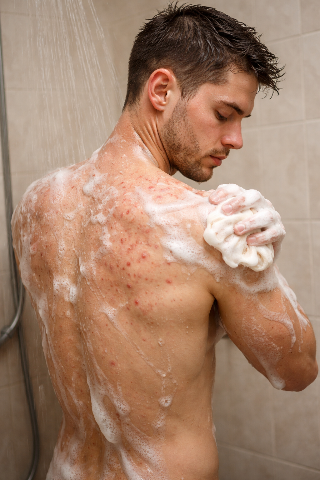 A man with short wet hair and a beard is showering, applying soap on his shoulder.