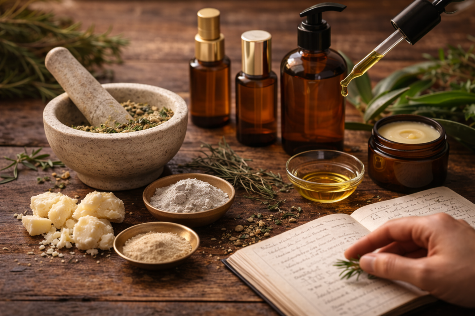 Essential oils, herbs, a mortar and pestle, and an open journal on a wooden surface, suggesting herbal medicine or aromatherapy preparation.