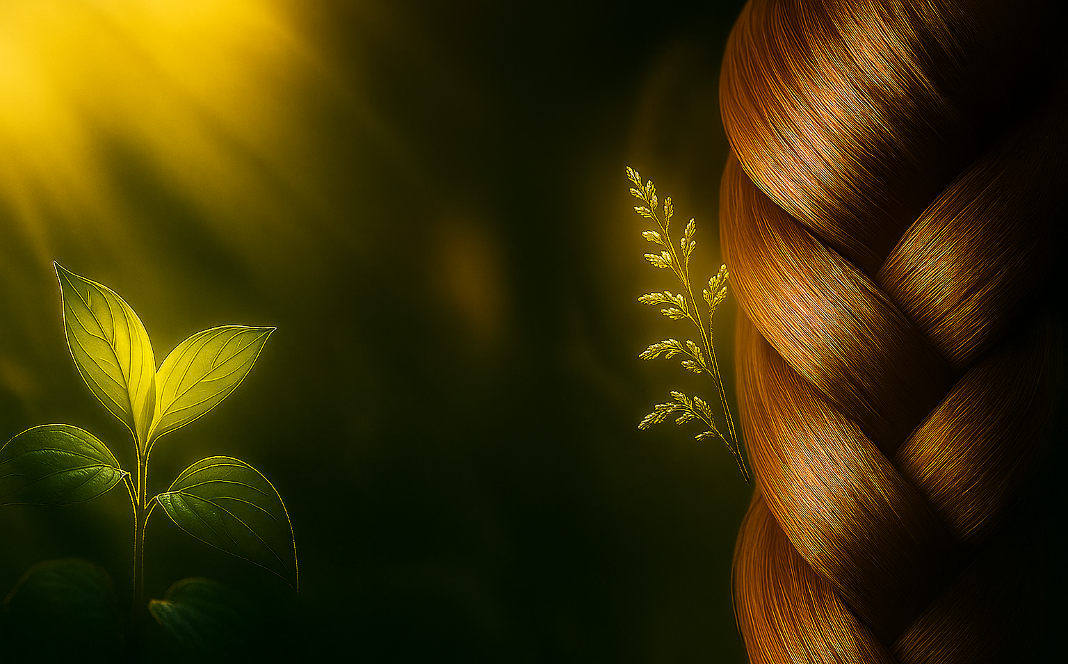 Close-up of fresh green plant leaves on the left and a braid made of straw or wheat on the right, with a small sprig of dried grass between them.