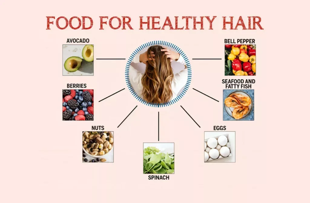 A diagram titled 'Food for Healthy Hair' shows a woman with long hair in the center, surrounded by images of avocado, berries, nuts, spinach, eggs, seafood and fatty fish, and bell pepper, indicating these foods promote healthy hair.