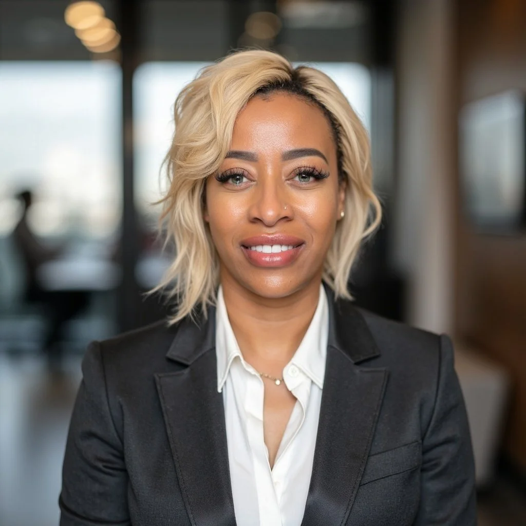 Professional woman with blonde, wavy hair, wearing a black blazer and a white shirt, smiling in an office setting.