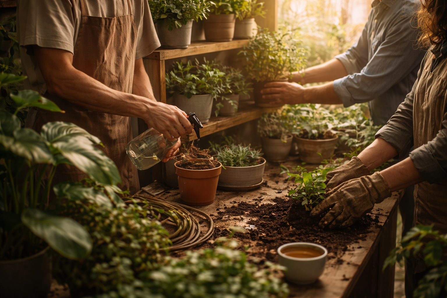 Three people tending to potted plants in a greenhouse, one pouring water on soil, another planting a seedling, with sunlight streaming in.