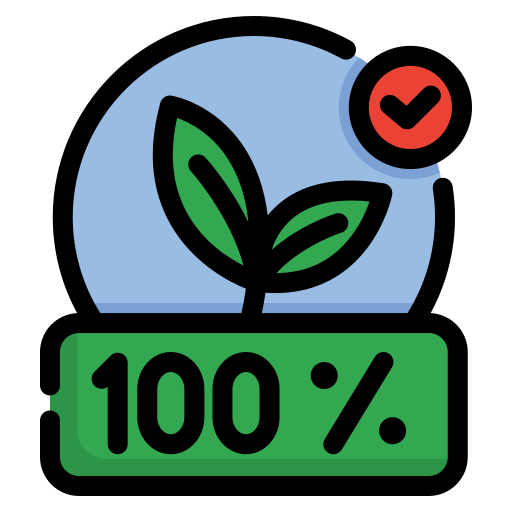 A digital badge showing a green sprout with two leaves, a blue background, a red checkmark, and a green box with '100%'.