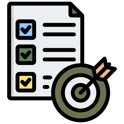 Checklist with three items each having check marks, and a target with an arrow in the bullseye.
