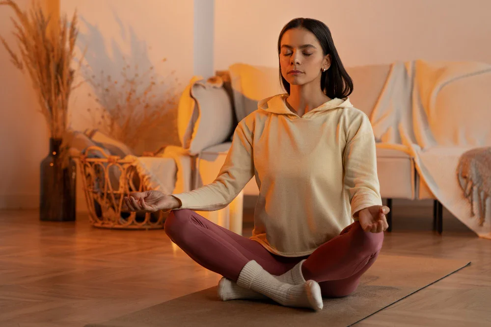 Woman practicing meditation in a cozy living room with warm lighting, sitting cross-legged on a yoga mat, eyes closed, wearing a yellow hoodie and maroon pants.
