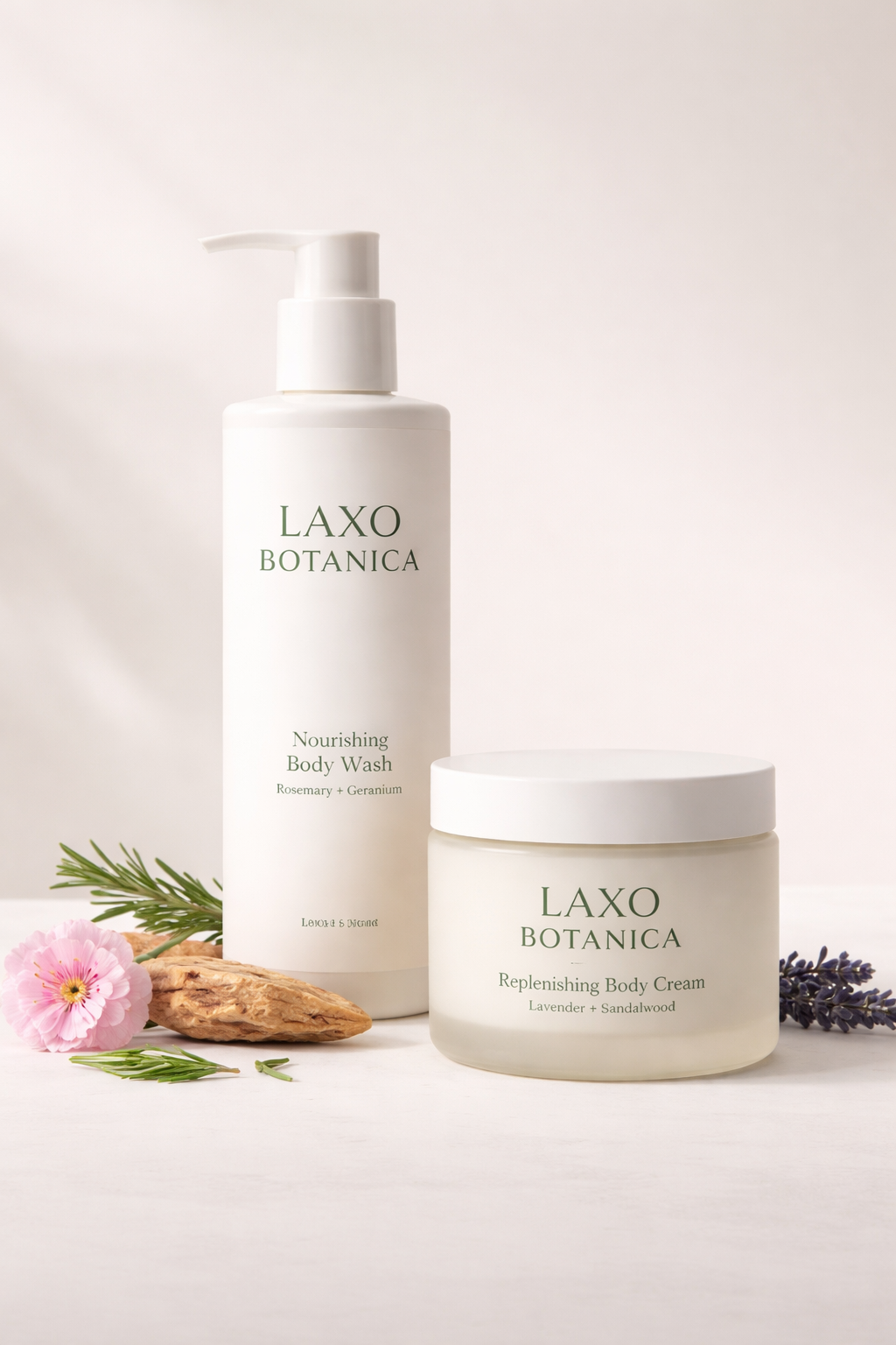 Laxo Botanica nourishing body wash and replenishing body cream with botanical ingredients, displayed with natural elements.