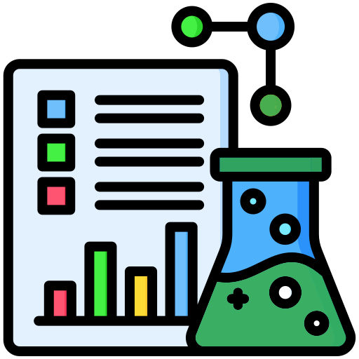A colorful illustration of a scientific report or data chart with a test tube containing a bubbling green liquid, surrounded by floating colored circles.