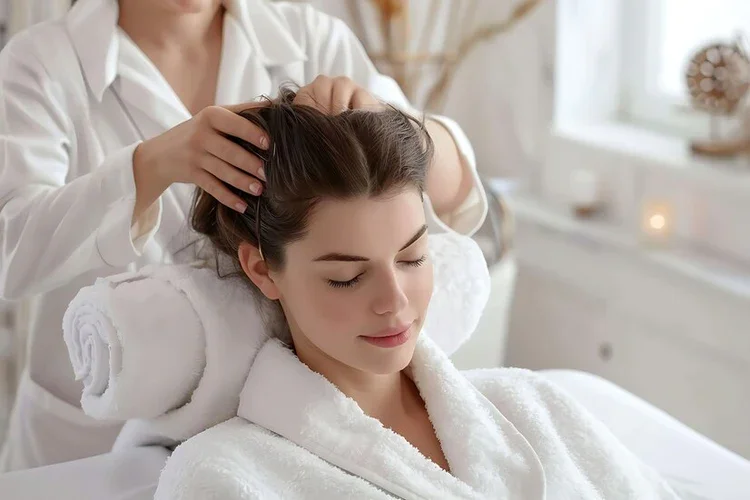 A woman receiving a scalp massage at a spa, lying with eyes closed, wrapped in a white towel.