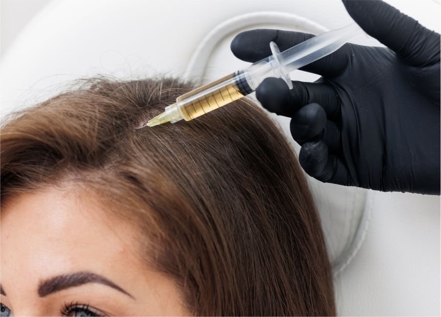 Person receiving a hair injection with a syringe by a healthcare professional wearing black gloves.