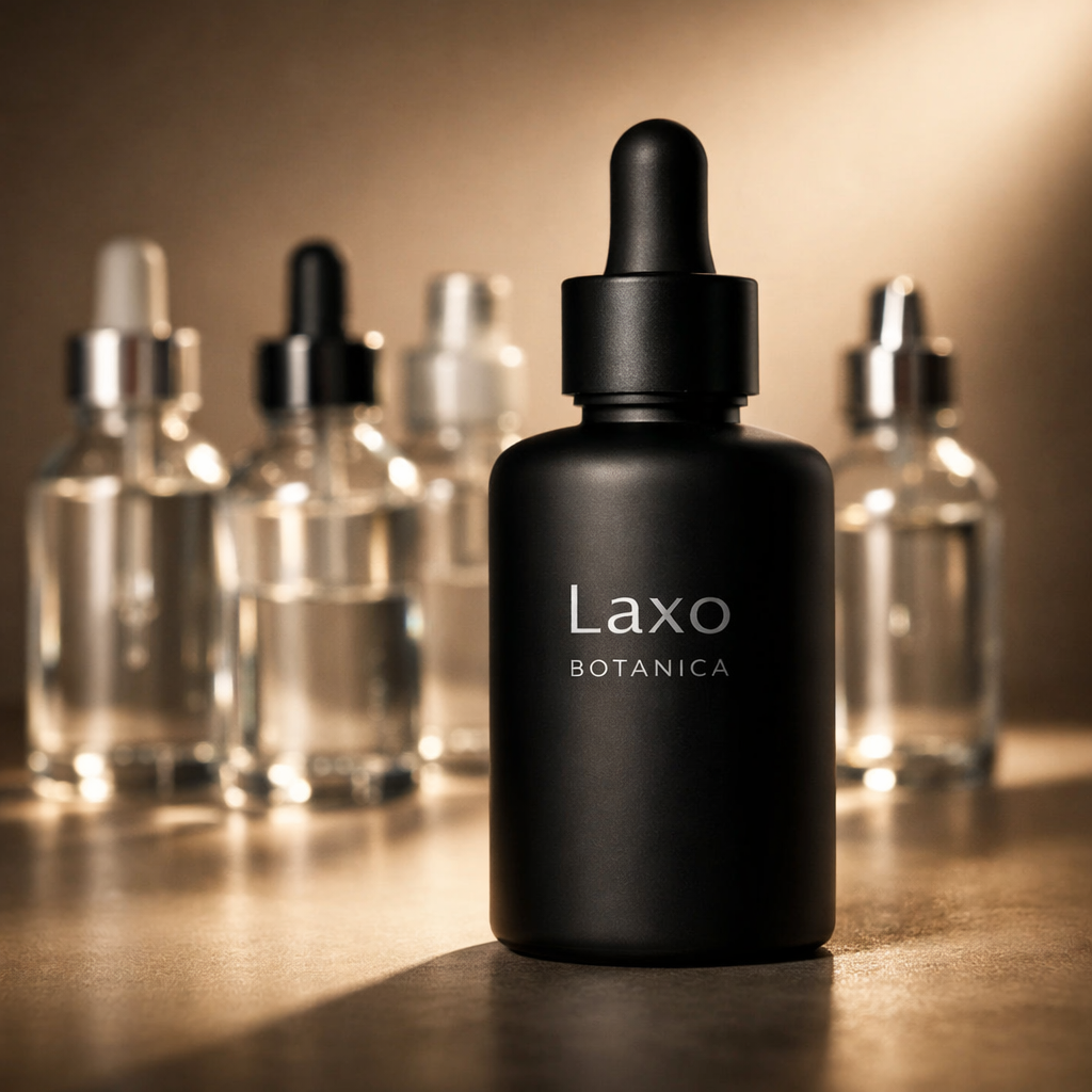 A black bottle labeled 'Laxo Botanica' with a dropper cap, surrounded by four blurred clear dropper bottles in the background, on a reflective surface under warm lighting.