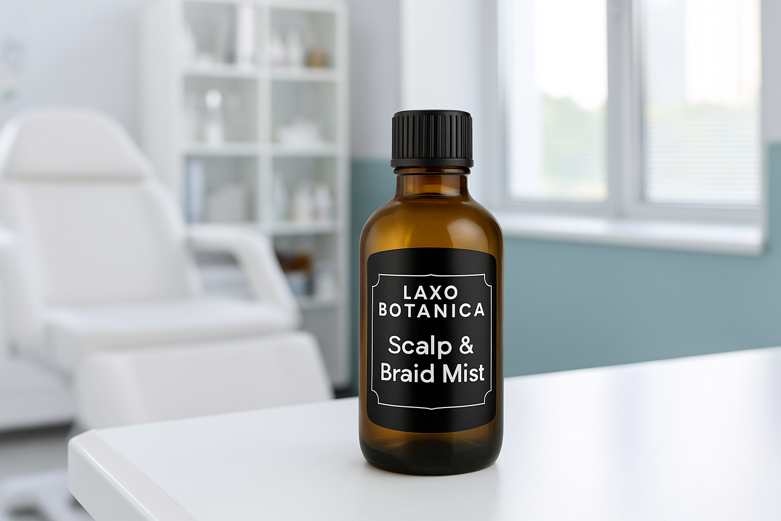 Bottle of Laxo Botanica Scalp & Braid Mist on a white surface in a room with a white chair and shelves in the background