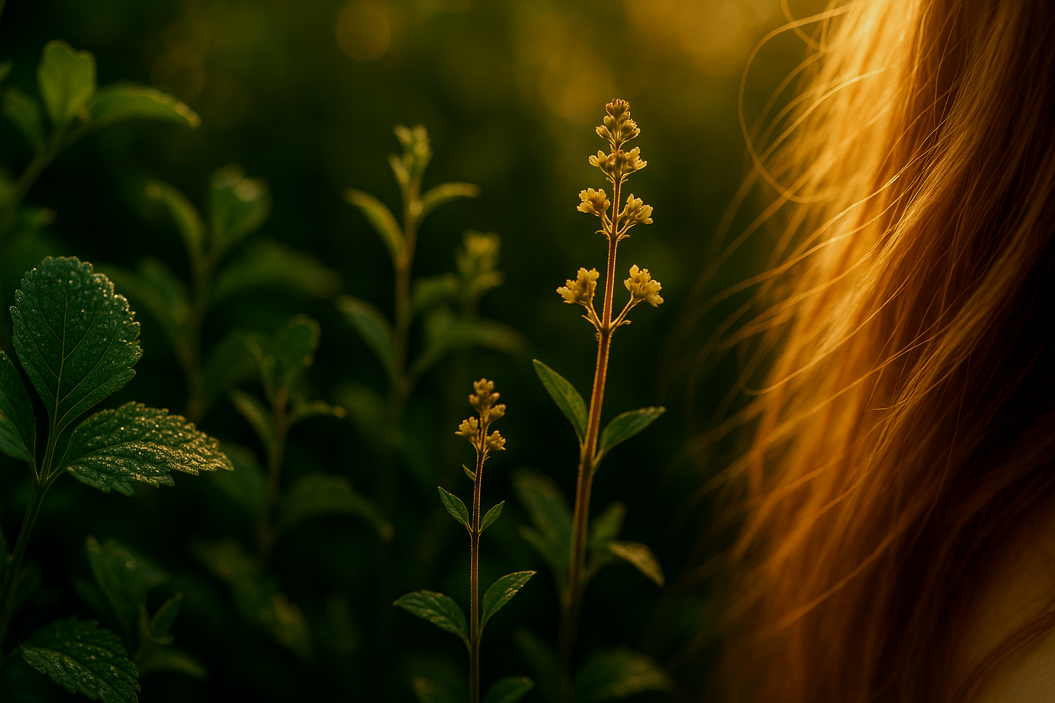 Close-up of yellow flowering plant with green leaves, illuminated by warm sunlight, with blonde hair partially visible on the right side.