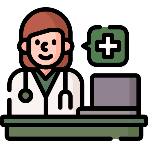 Cartoon illustration of a female healthcare professional with a stethoscope around her neck, sitting at a desk with a laptop, and a green medical cross sign in the background.
