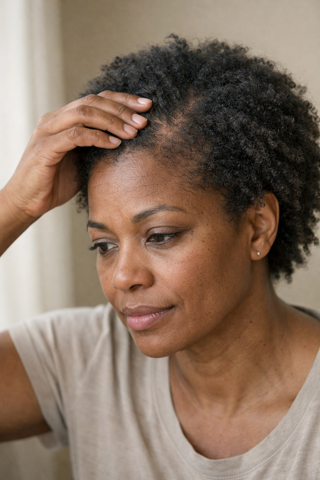 A woman with short, curly black hair touching her scalp with her hand, looking down thoughtfully.