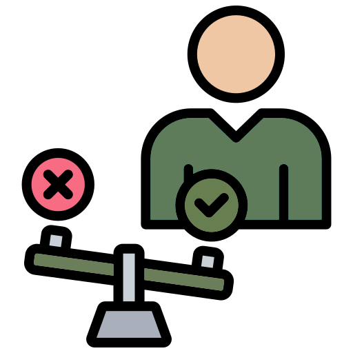 A simplified infographic showing a person in green with a checkmark badge, a red cross symbol, and a balance scale with an imbalance.