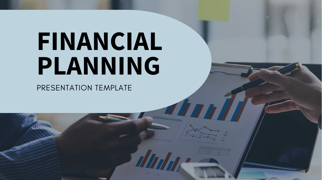 A presentation slide titled 'Financial Planning' with a subtitle 'Presentation Template'. The background shows hands pointing at charts and graphs on a tablet, indicating a business meeting or financial planning discussion.