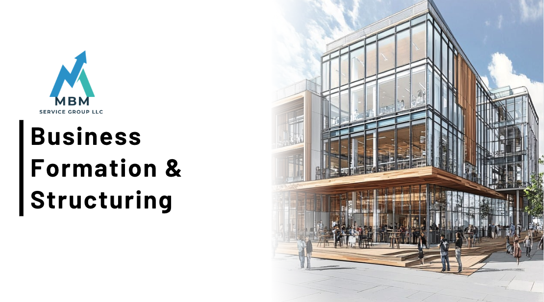 Illustration of a modern glass building with people walking outside, used as a background for a business formation and structuring service advertisement by MBM Service Group LLC.
