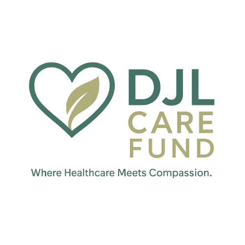 Logo with a heart outline, the text 'DJ Care Fund', and a website URL 'www.DJCareFund.com'