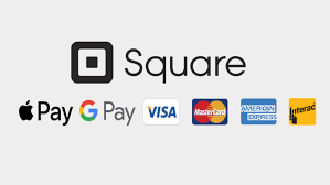 Logo de Square avec options de paiement Apple Pay, Google Pay, Visa, MasterCard, American Express, et Interac