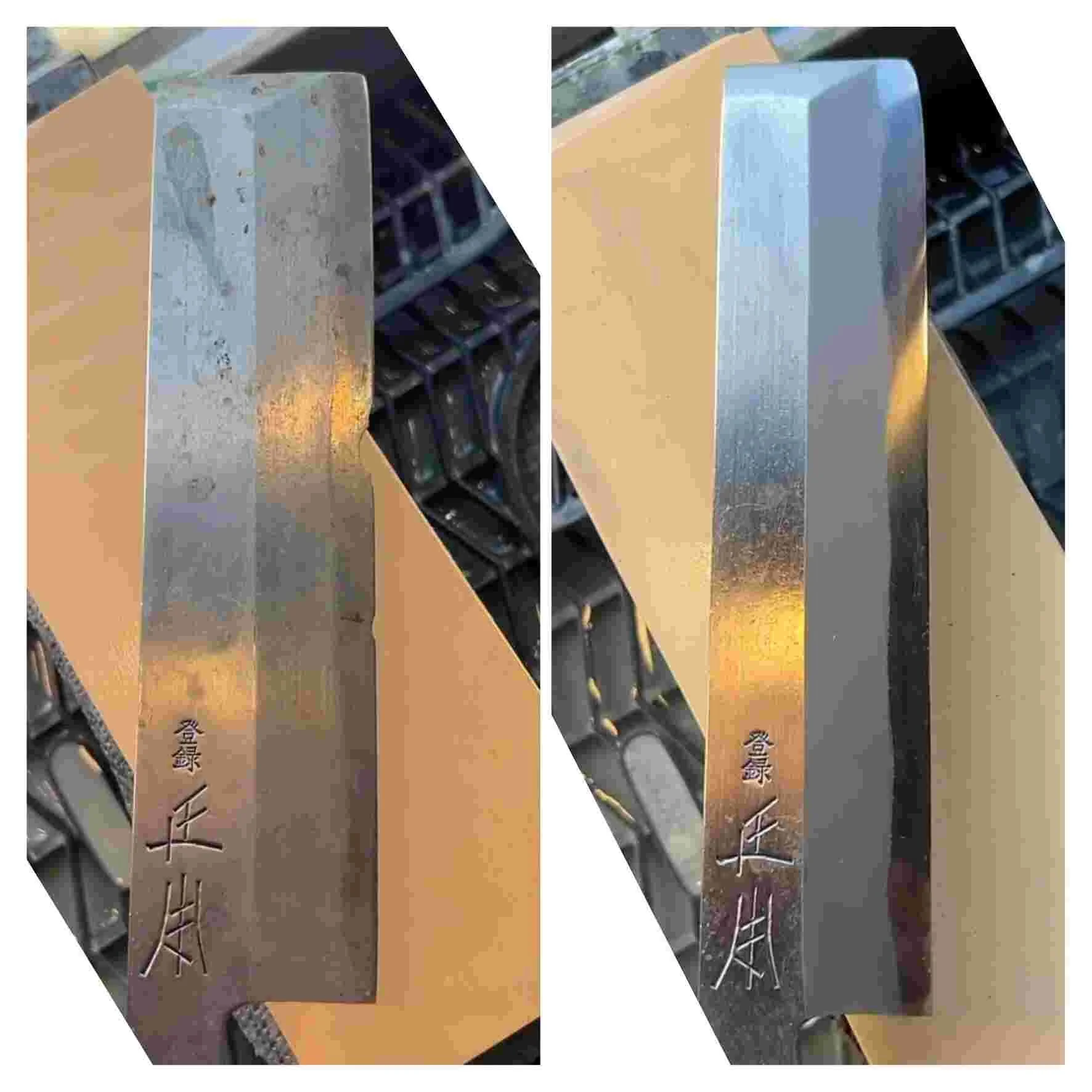 Couteau usuba de 165 mm avec géométrie à biseau simple.

- Réparation d’une encoche de 3 mm de profondeur.

- Amincissement pour rétablir une géométrie mince et performante

- Reprofilage de la ligne shinogi parallèle avec la ligne du tranchant pour 