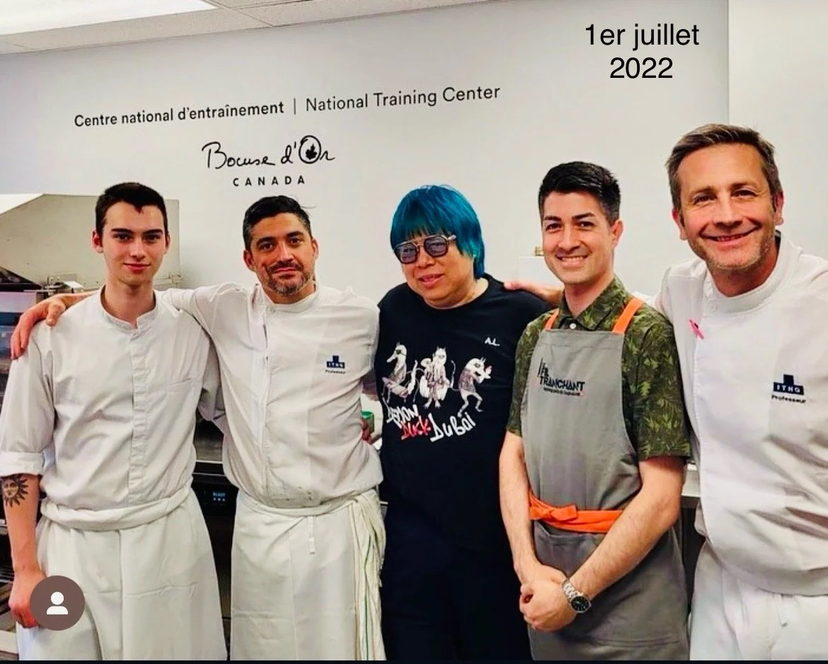 The Bocus d'Or Canada team.

From L to R: Léandre Legault-Vigneau (assistant), Samuel Sirois (chef), Alvin Leung (R&D Manager for Team Canada), Gilles Herzog (coach).
Volunteering professional services at the ITHQ training center (2020-2023).
