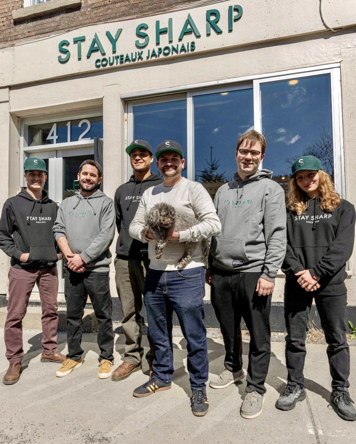 From left to right: Mike, Danny, Emmanuel, Olivier (owner), Billy (mascot), Alex, and Eva.
Montreal team of Stay Sharp Couteaux Japonais (2023-2025)
photo: Staysharp @jpl_photography
