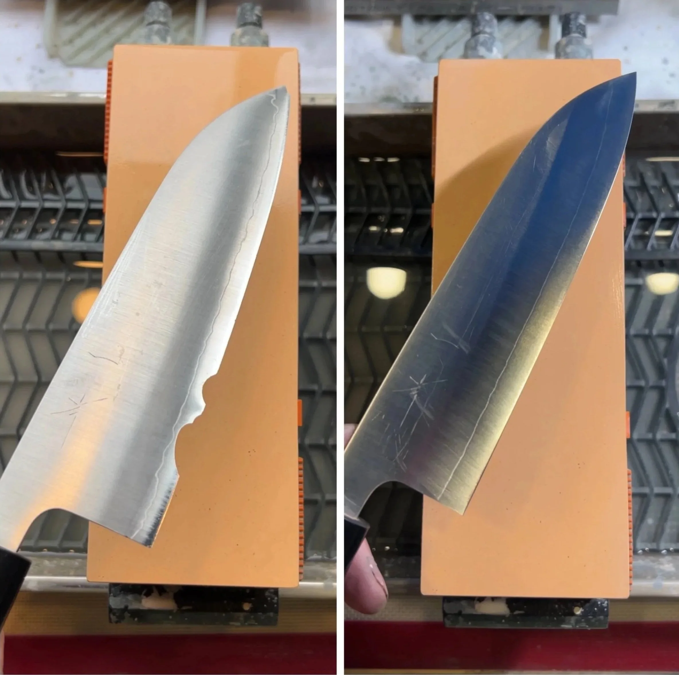 Deux images montrant un couteau en acier avec une encoche et l'autre montrant la même lame après une réparation et un polissage.