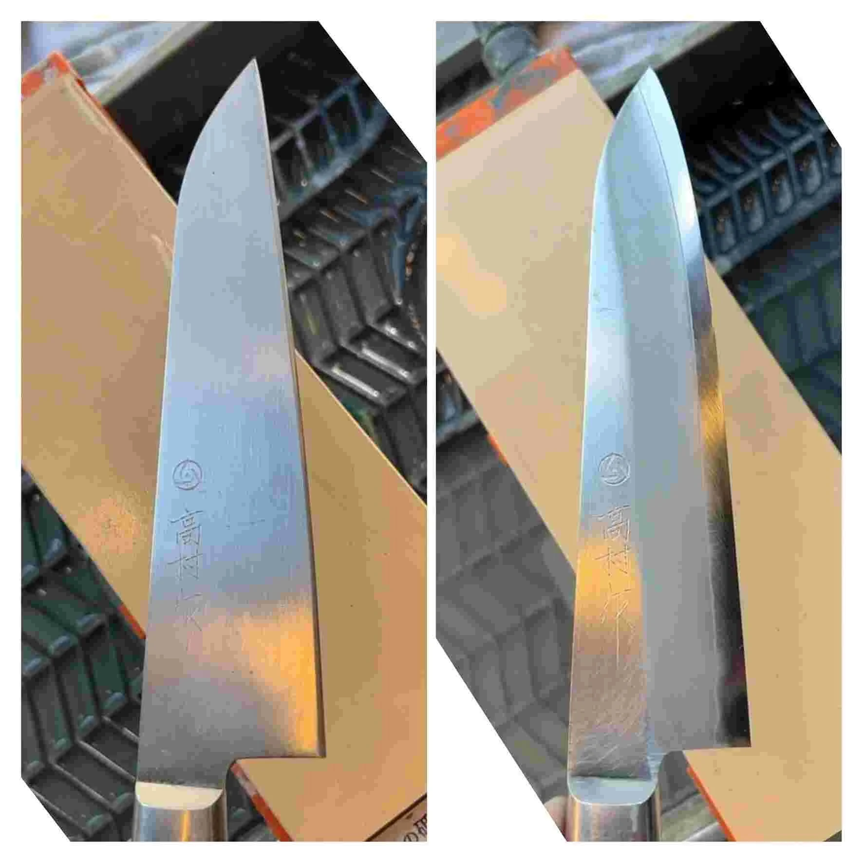 Couteau Takamura gyuto de 180 mm, à double biseau, en acier dur inoxidable SG2 (dureté Rockwell C 64).

- Amincissement du métal derrière le tranchant pour retrouver la performance de coupe

- Dégagement net de 3 à 4 mm d'acier dur.

- Reprofilage de