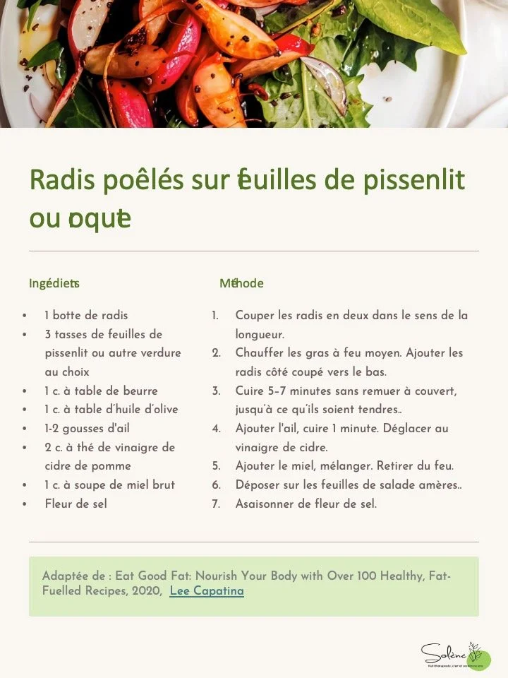 Radis poêlés sur feuilles de pissenlit ou roquette