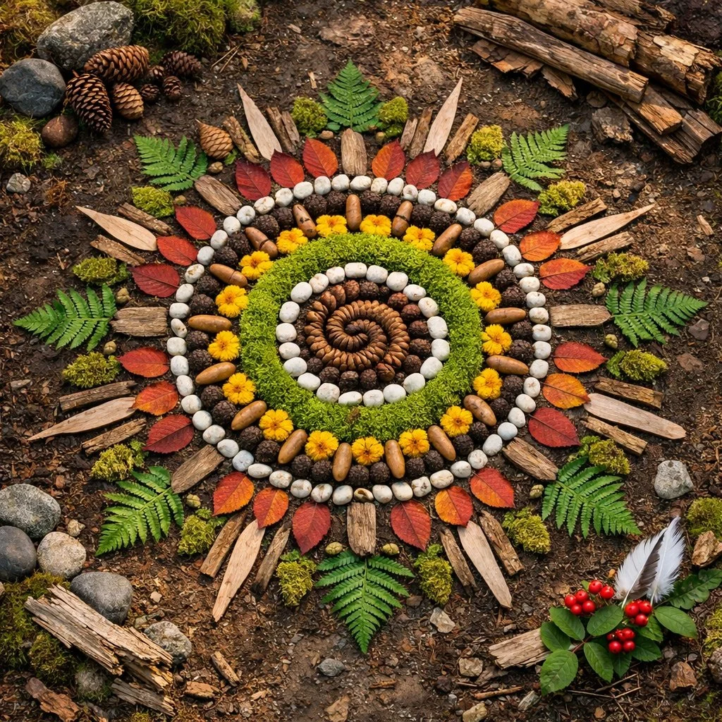 Mandala de nature composé de feuilles, cailloux, fleurs, écorces, fougères et autres éléments naturels disposés en spirale sur le sol.