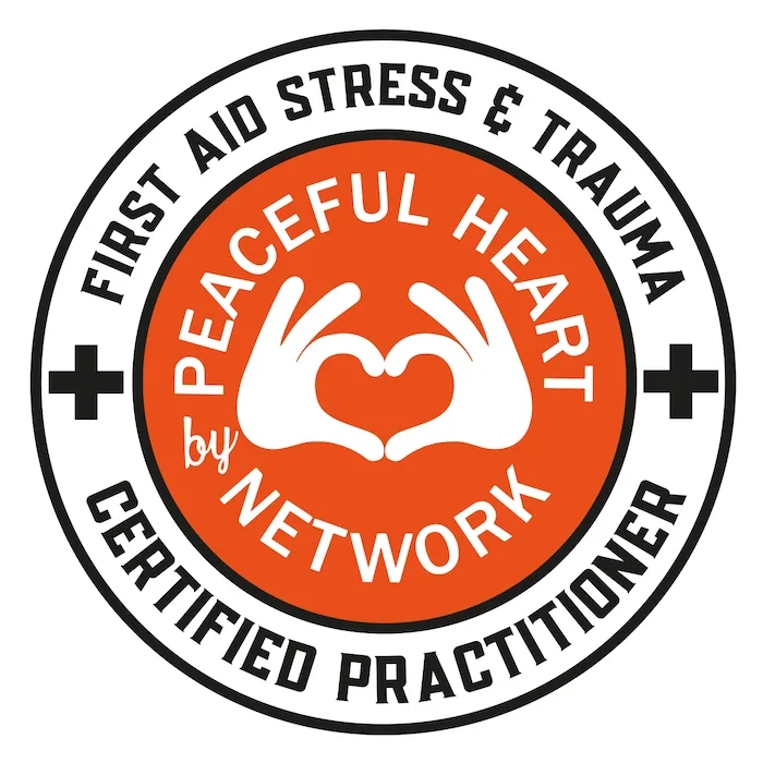 A badge for peaceful heart network, that says "First Aid Stress & Trauma Certified Practitioner"
