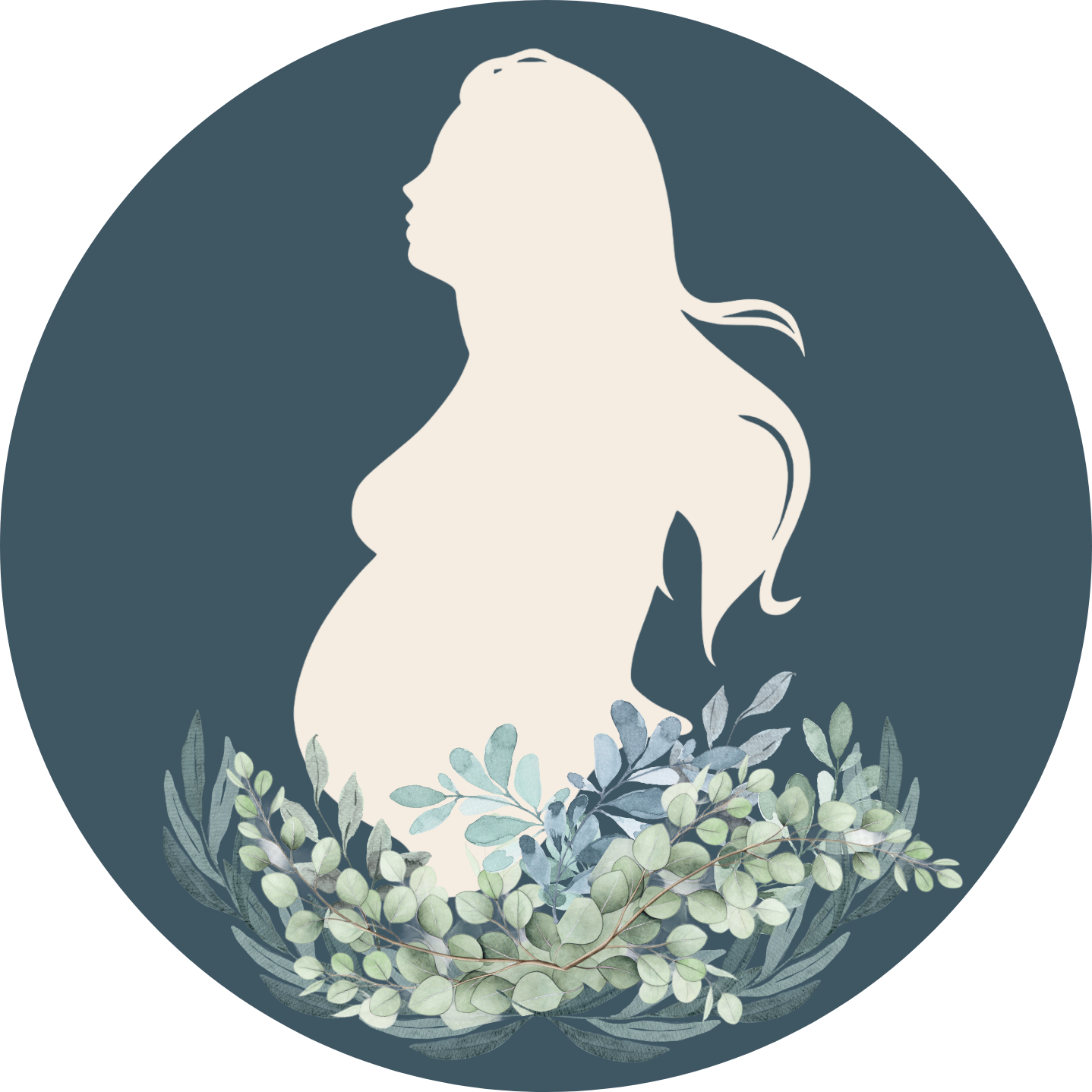 Silhouette of a pregnant woman with long hair, surrounded by a wreath of green leaves at the bottom, on a dark background.