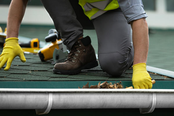 A person wearing work gloves and boots is kneeling on a roof, working with roofing tools and materials.