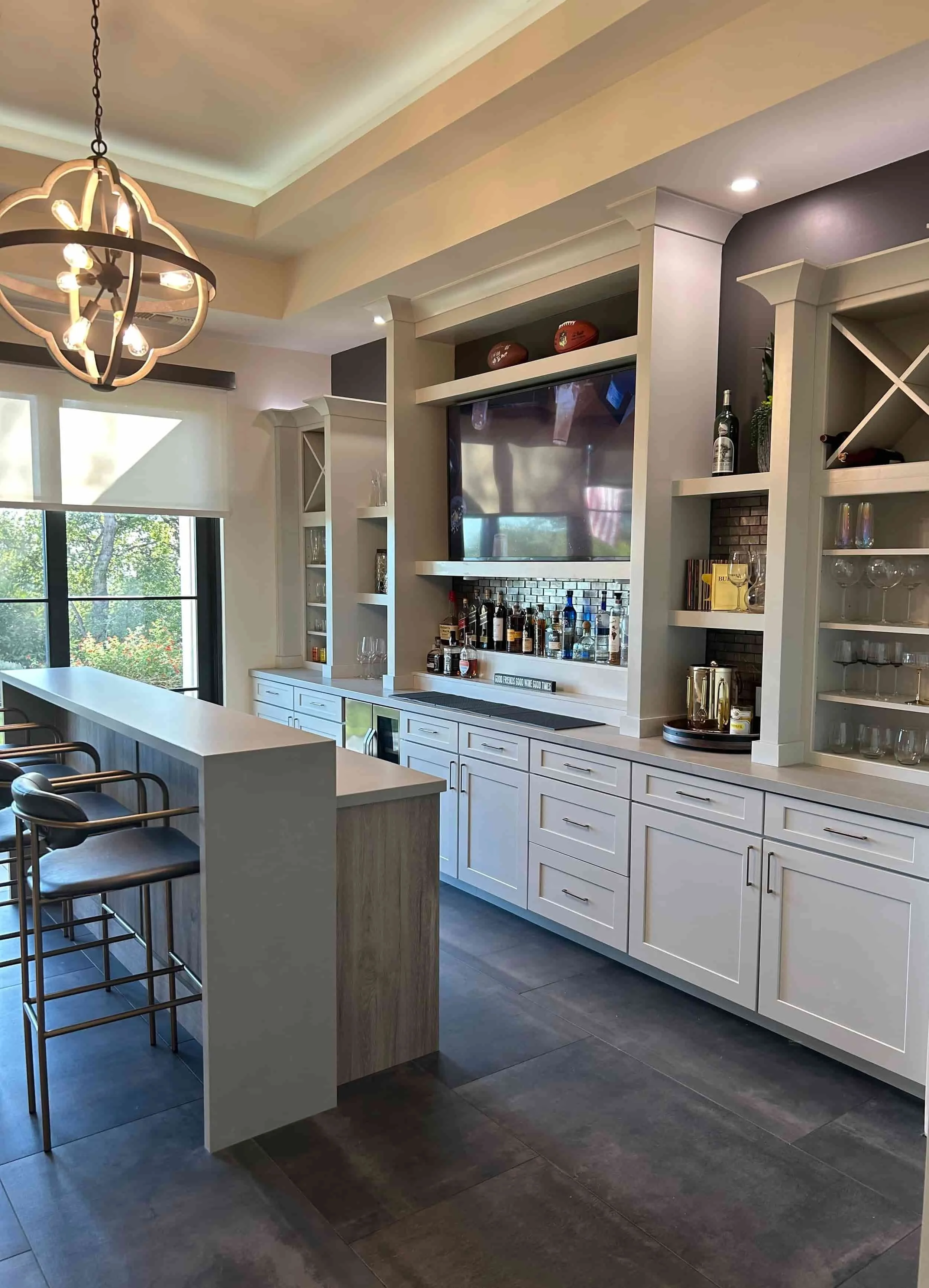 Custom Wine Bar
Denver Door Style with 5 Piece Drawer Front
Painted Harbor Color
Island:
Driftwood Breeze Duraform 
Slab Door Style Lubbock