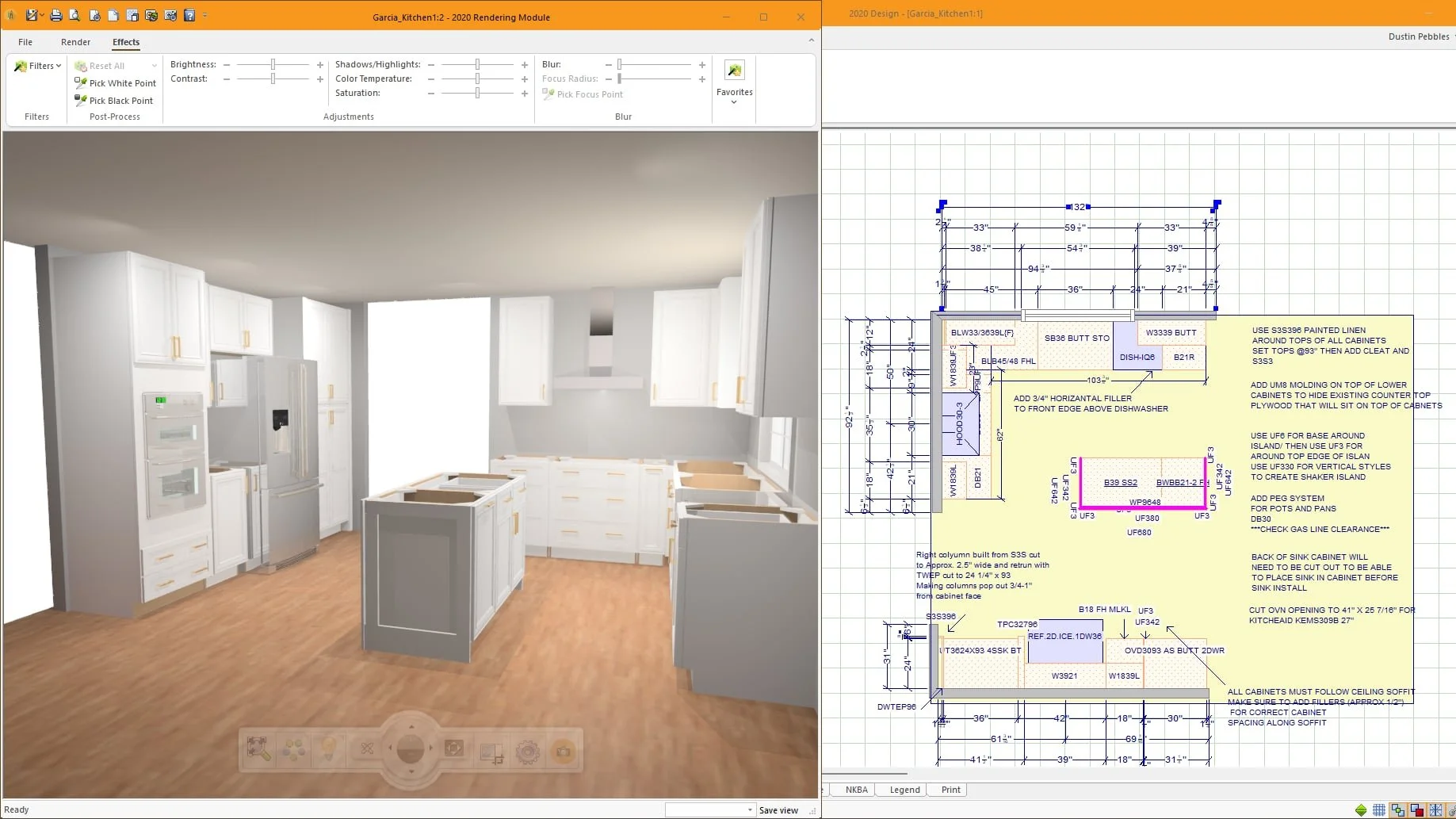 A 3D rendering of a kitchen under construction with white cabinetry and a double-door refrigerator, alongside a detailed blueprint of the kitchen design with measurements and notes. 20/20 Layout